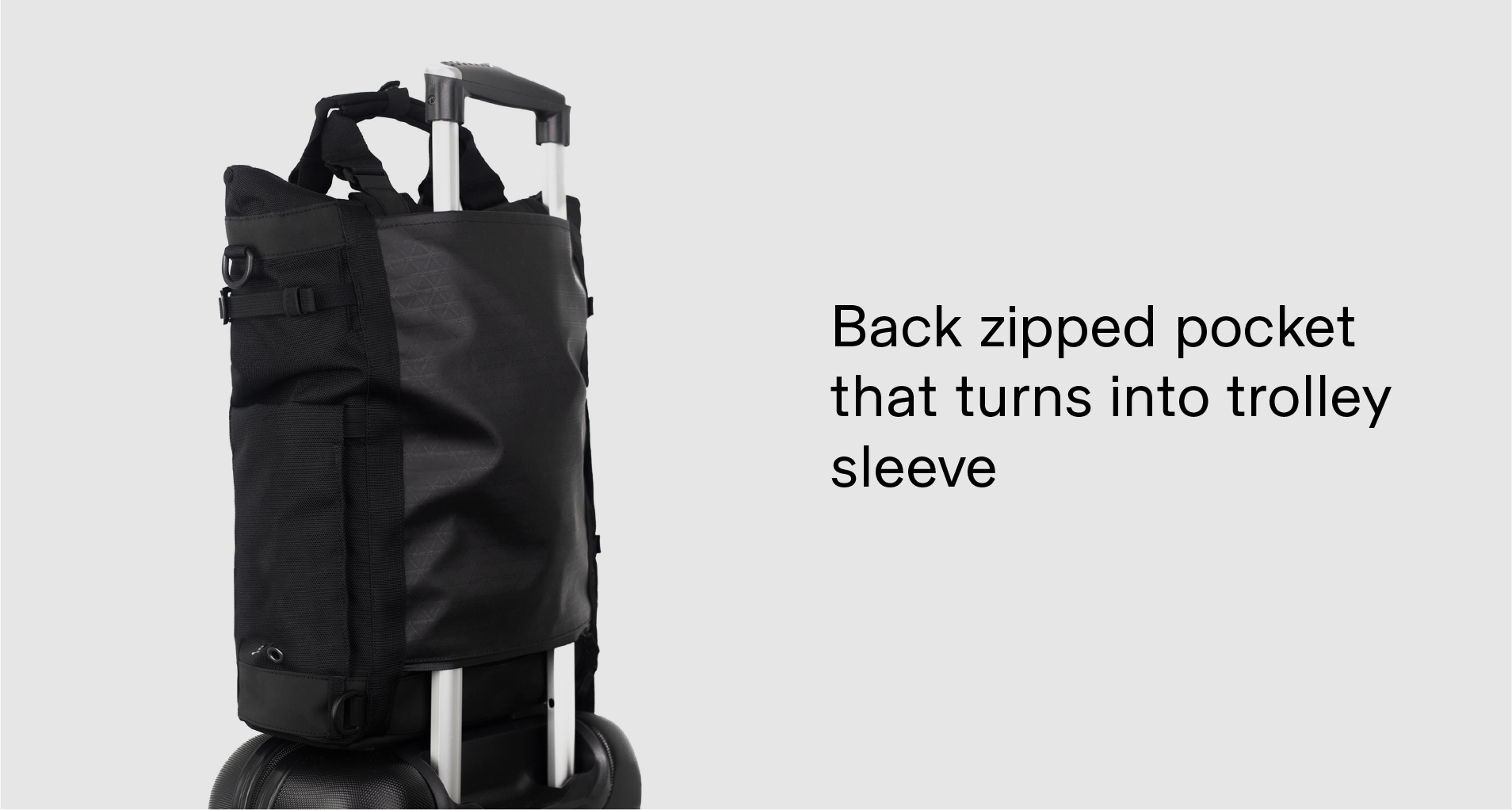 RIKR 17L Technical Tote includes zipped pocket that turns into trolley sleeve