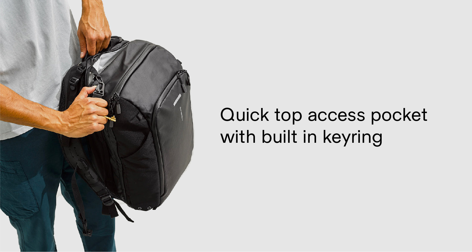 The 38L Duffle Backpack with quick top access pocket with built in Keyring