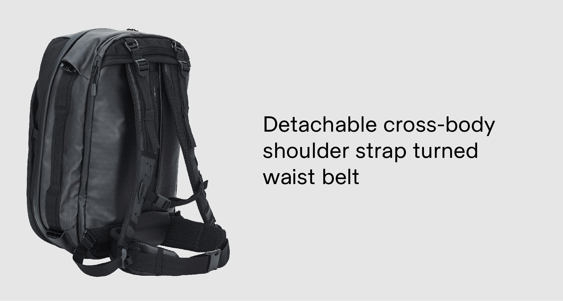 The RIKR 38L Duffle Backpack with detachable cross-body shoulder strap turned waist belt