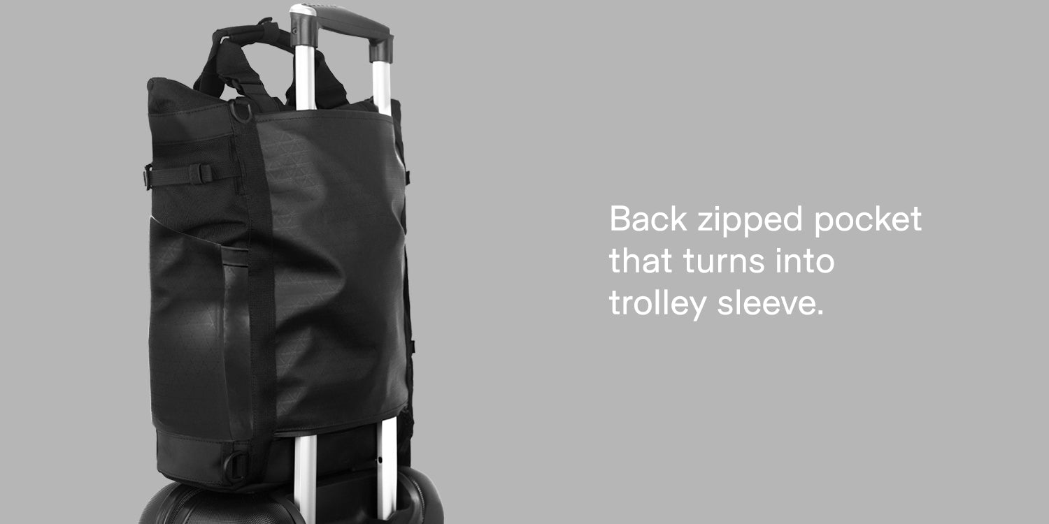 RIKR 17L Technical Tote includes zipped pocket that turns into trolley sleeve