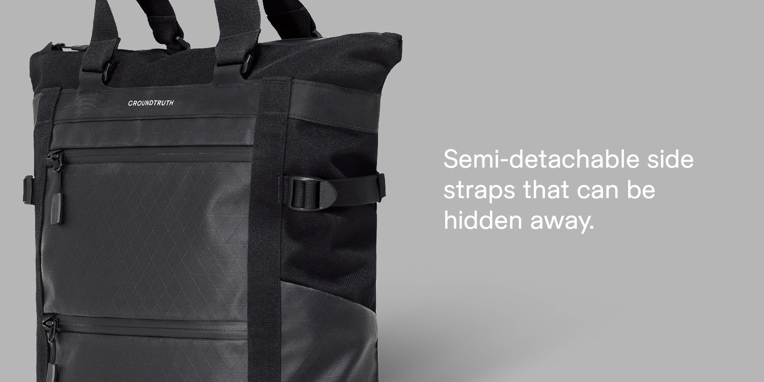 RIKR 17L Tech Tote semi-detachable side straps that can be hidden away